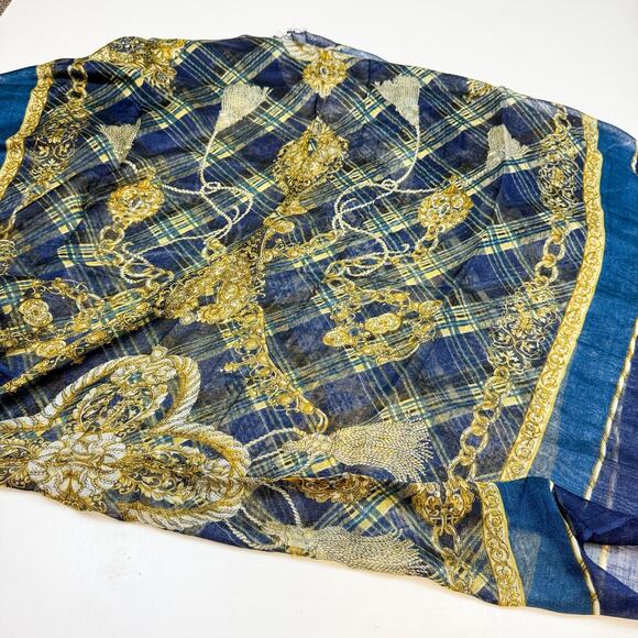 NWT Talbots Blue Gold Plaid Jewels Chiffon Scarf Silk Cashmere Wool - OS - Picture 5 of 6